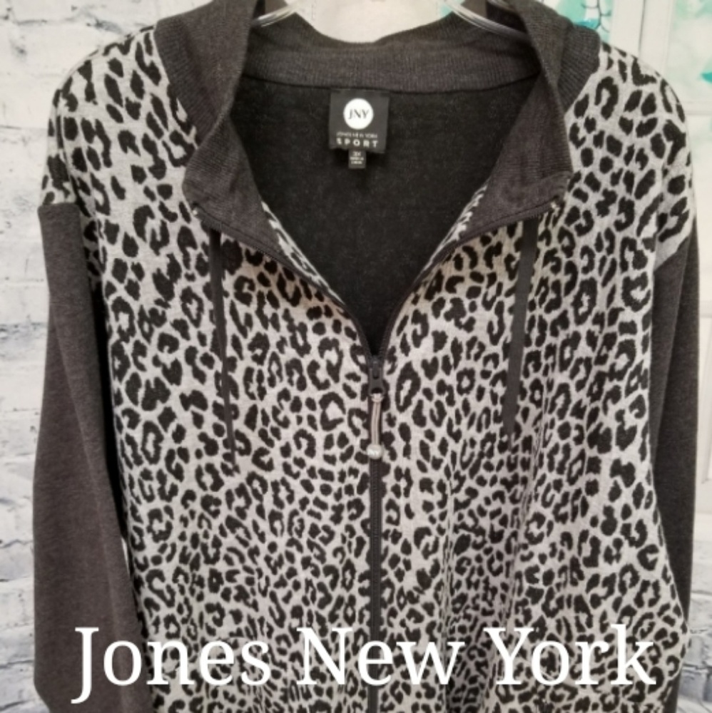 Jones New York Grey & Cream Zip-up Knit Jacket, 3X